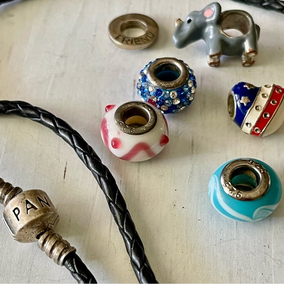 Pandora S925 ALE braided leather wrap bracelet /Necklace? and lot of six charms - Picture 3 of 8